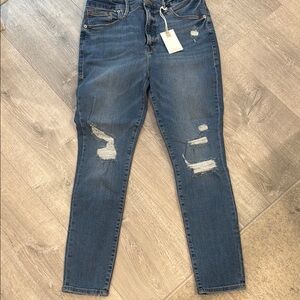 Good American Blue Ankle Cropped Jeans with Distressed Details